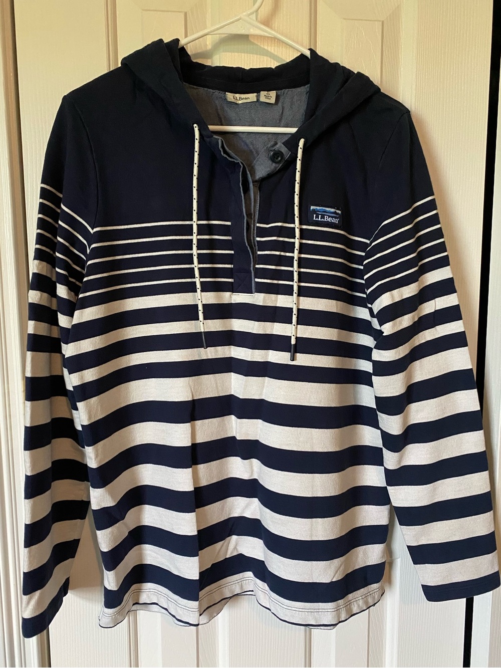 L.L.Bean Navy & White Striped Hooded Pullover Size Large Regular
